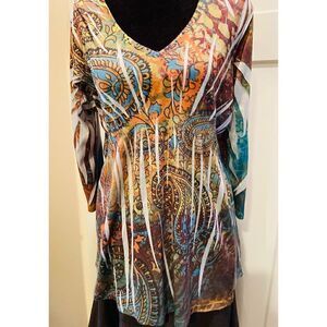 Apt. 9 Women's Petite X Large V Neck Embellished 3/4 Sleeve Blouse Floral Print